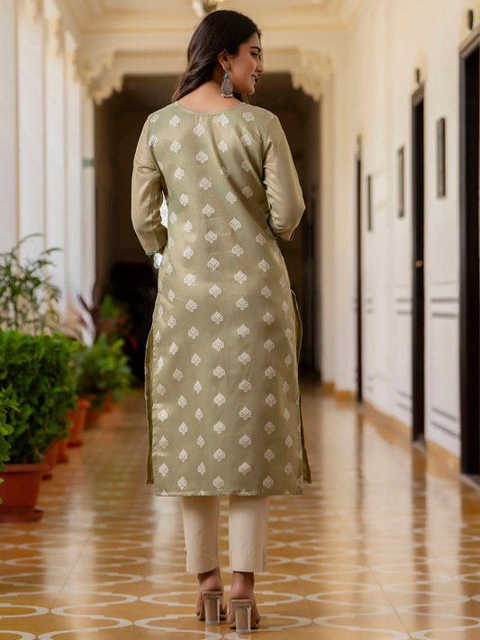 Pista Green Shimmer Silk Readymade Embroidered Indian Kurti