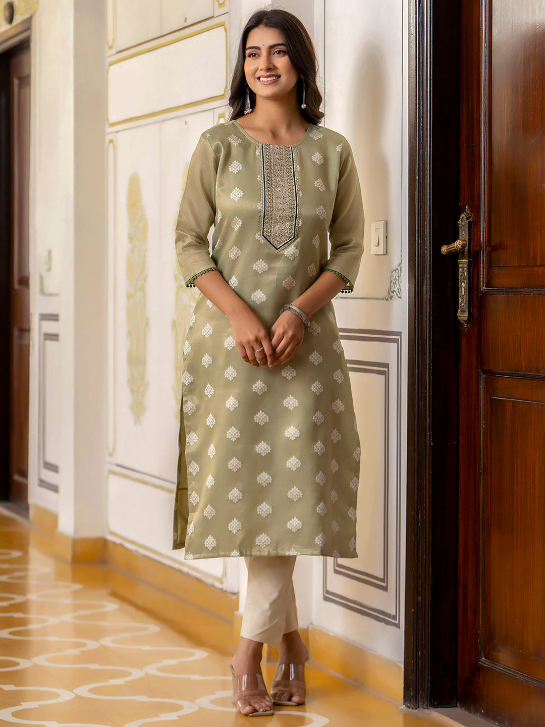 Pista Green Shimmer Silk Readymade Embroidered Indian Kurti