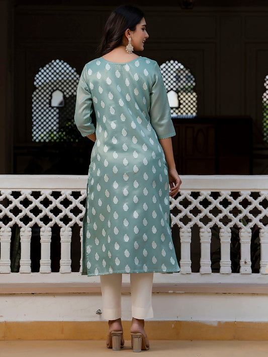 Sea Green Shimmer Silk Readymade Embroidered Indian Kurti
