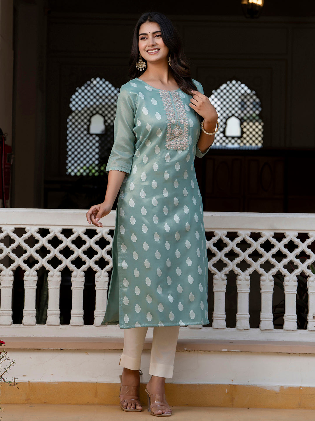 Sea Green Shimmer Silk Readymade Embroidered Indian Kurti