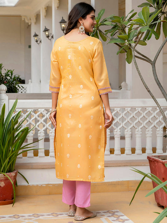 Yellow Shimmer Silk Readymade Embroidered Indian Kurti