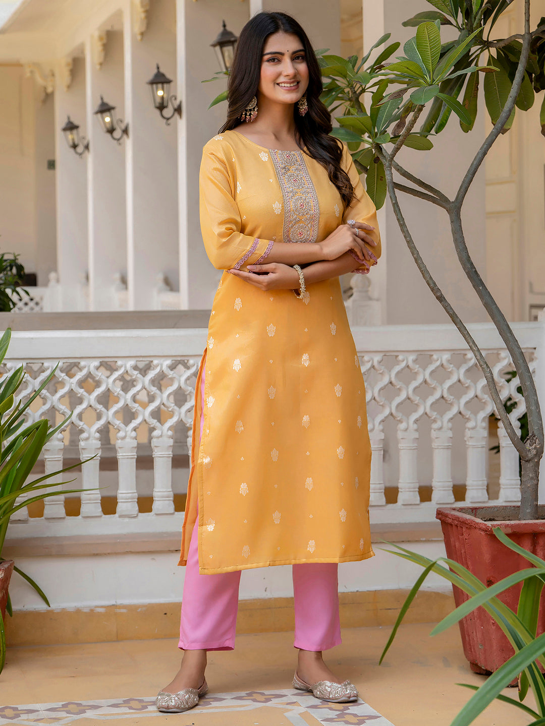Yellow Shimmer Silk Readymade Embroidered Indian Kurti
