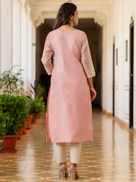 Baby Pink Shimmer Silk Readymade Embroidered Indian Kurti