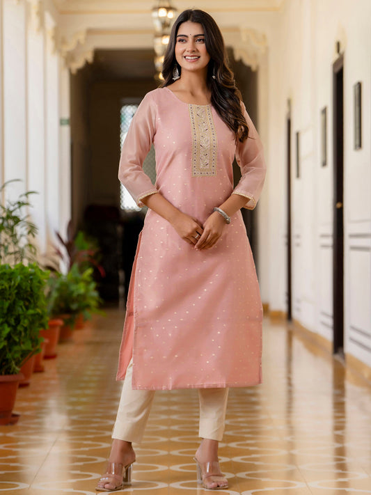 Baby Pink Shimmer Silk Readymade Embroidered Indian Kurti