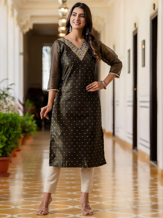 Black Shimmer Silk Readymade Embroidered Indian Kurti