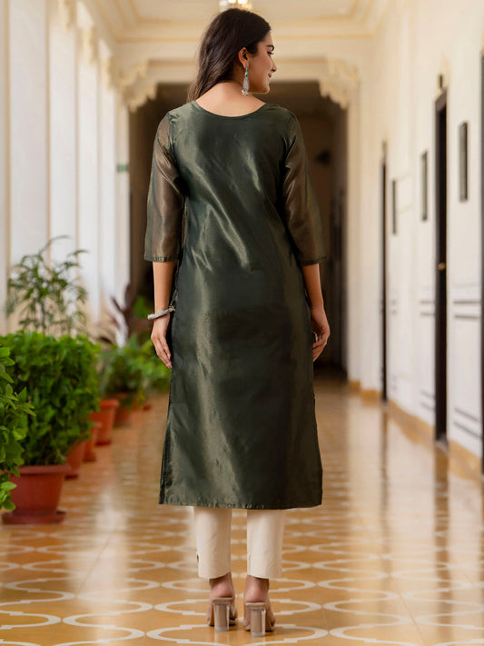 Bottle Green Shimmer Silk Readymade Embroidered Indian Kurti