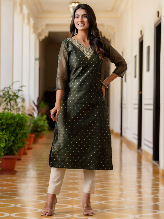 Bottle Green Shimmer Silk Readymade Embroidered Indian Kurti