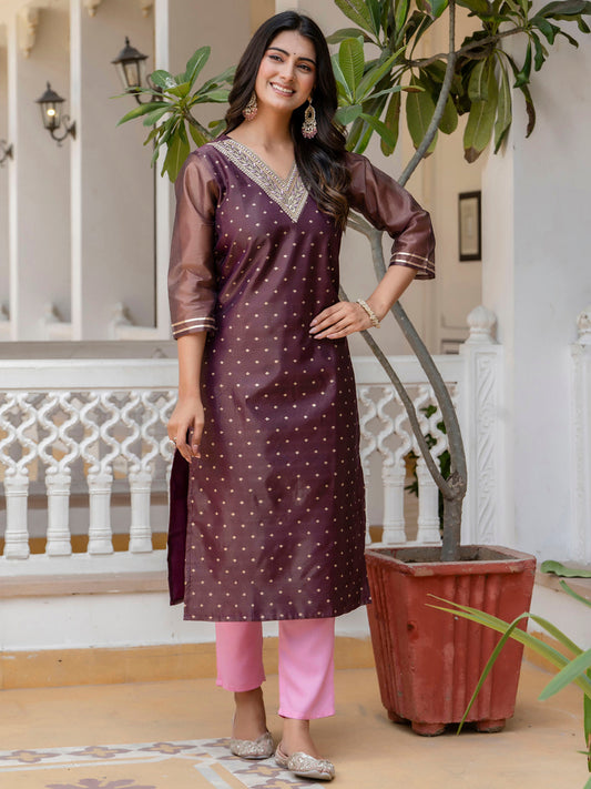 Purple Shimmer Silk Readymade Embroidered Indian Kurti