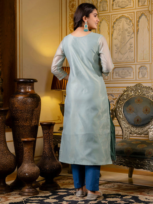 Readymade Shimmer Silk Sea Green Embroidered Indian Kurti