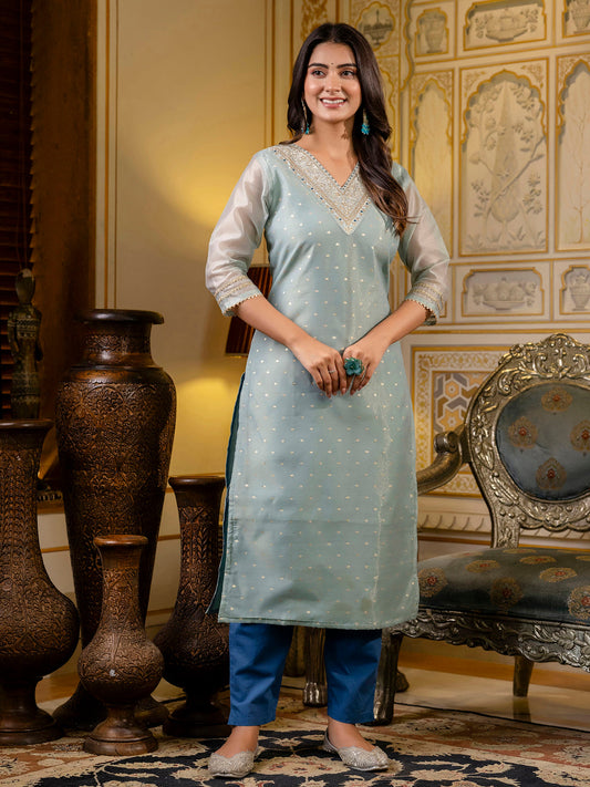 Readymade Shimmer Silk Sea Green Embroidered Indian Kurti
