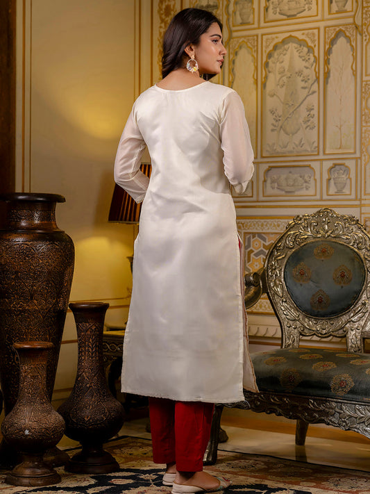 White Shimmer Silk Readymade Embroidered Indian Kurti