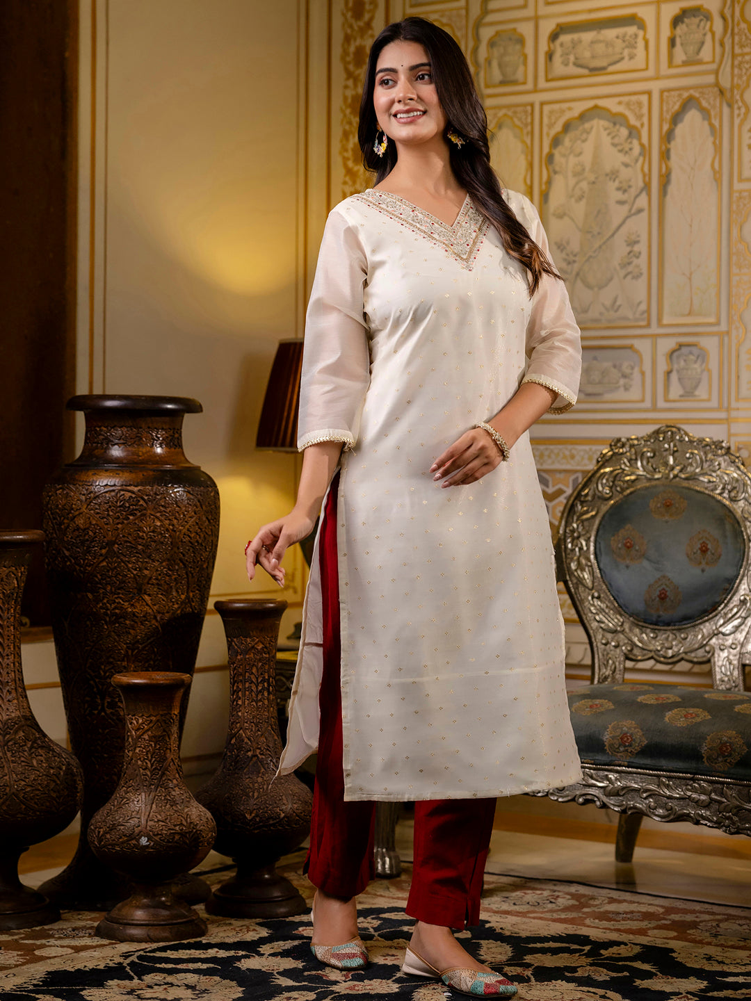 White Shimmer Silk Readymade Embroidered Indian Kurti