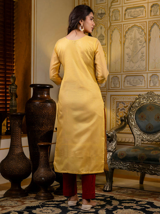 Readymade Shimmer Silk Yellow Embroidered Indian Kurti