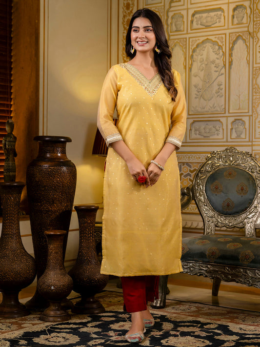 Readymade Shimmer Silk Yellow Embroidered Indian Kurti