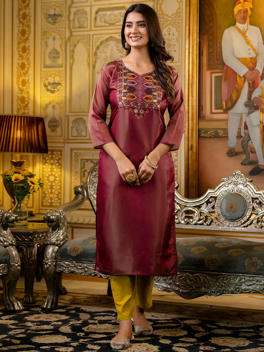Readymade Shimmer Silk Embroidered Kurti in Maroon