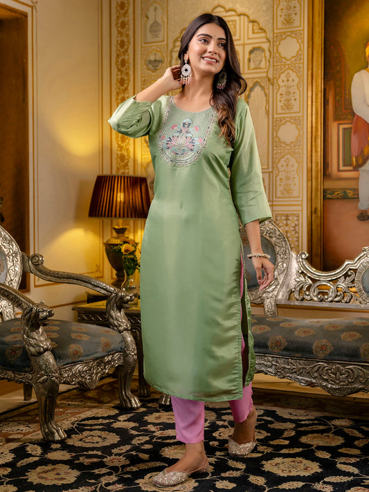 Readymade Shimmer Silk Embroidered Kurti in Pista Green