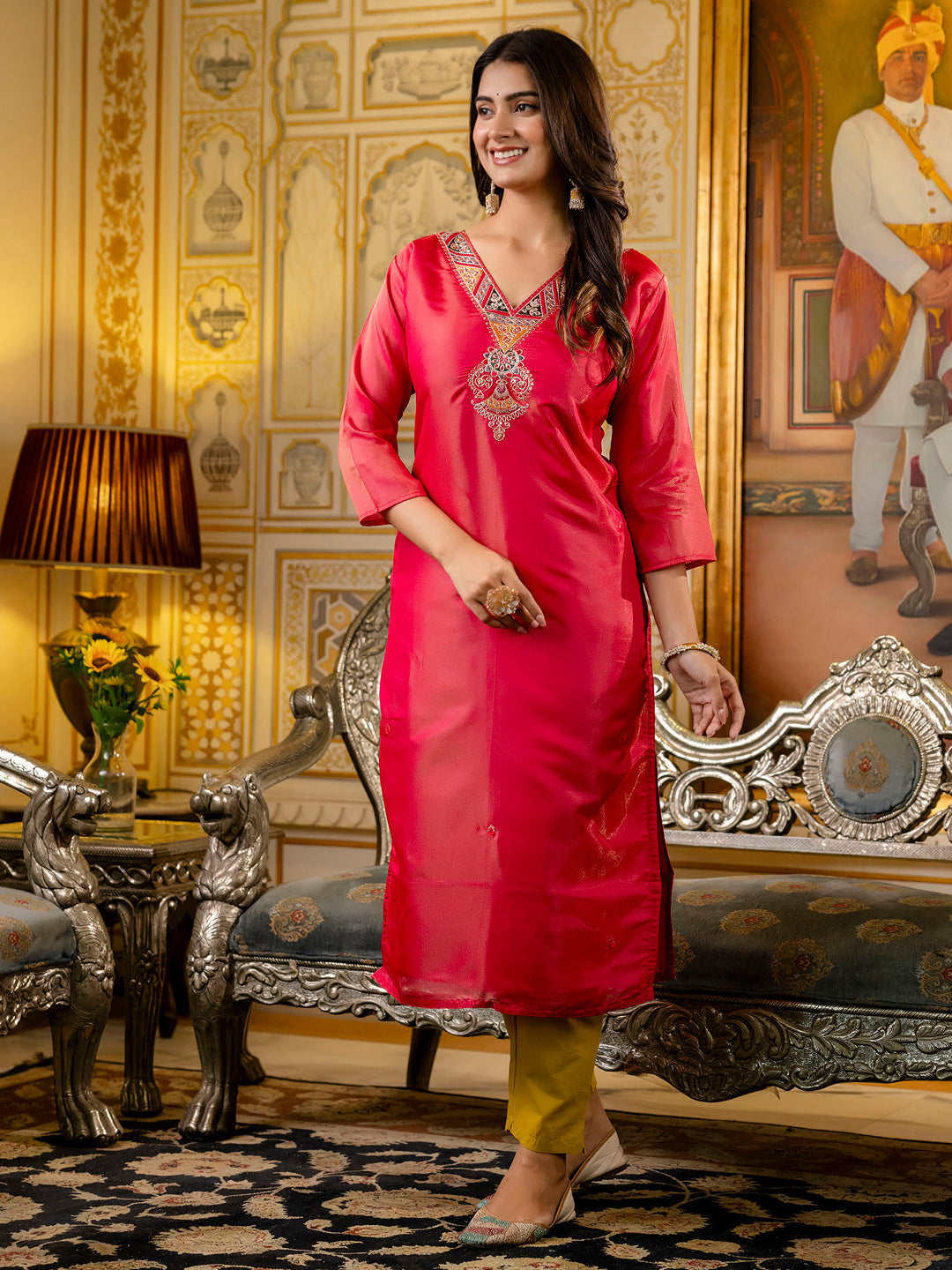 Readymade Shimmer Silk Embroidered Kurti in Pink