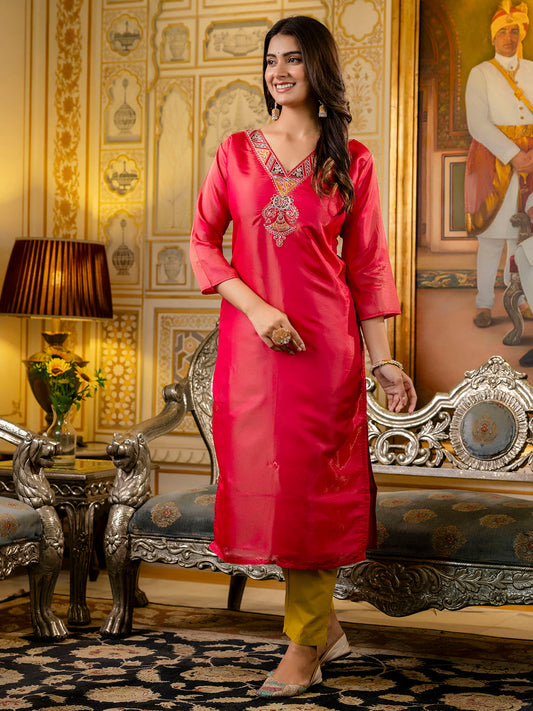 Readymade Shimmer Silk Embroidered Kurti in Pink
