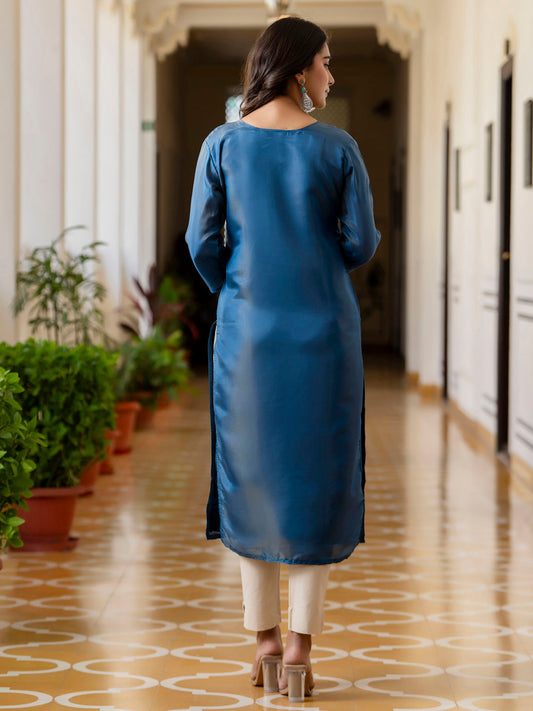 Readymade Shimmer Silk Embroidered Kurti in Teal Blue
