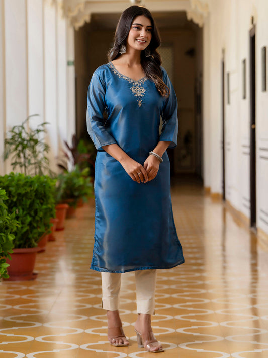 Readymade Shimmer Silk Embroidered Kurti in Teal Blue