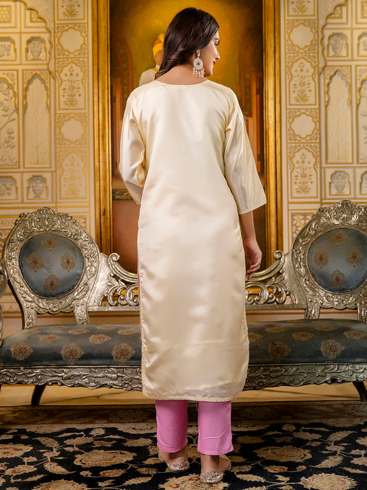 Readymade Shimmer Silk Embroidered Kurti in Off White