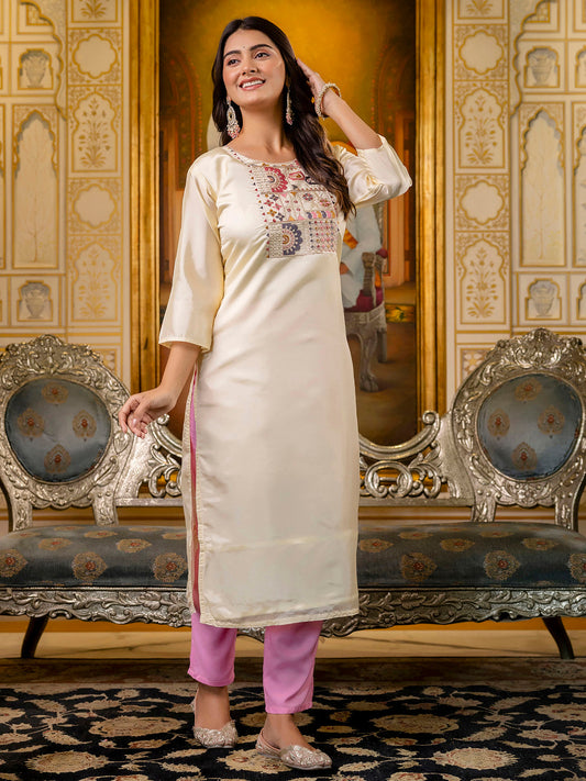 Readymade Shimmer Silk Embroidered Kurti in Off White