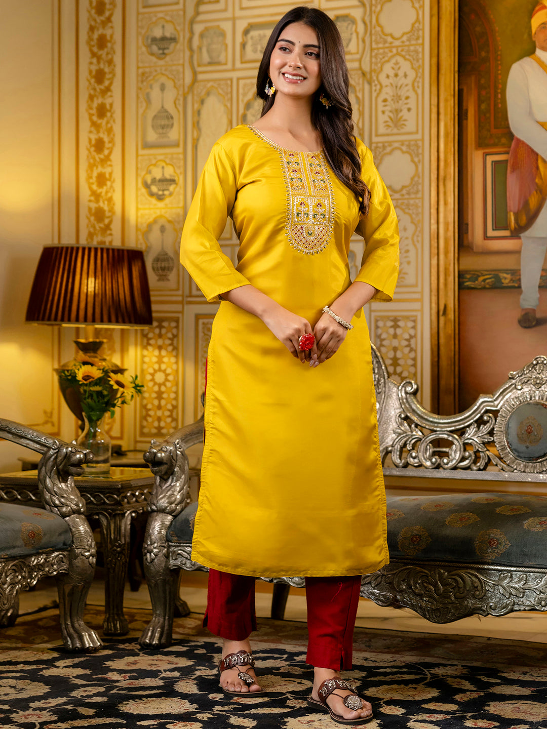Readymade Shimmer Silk Embroidered Kurti in Yellow