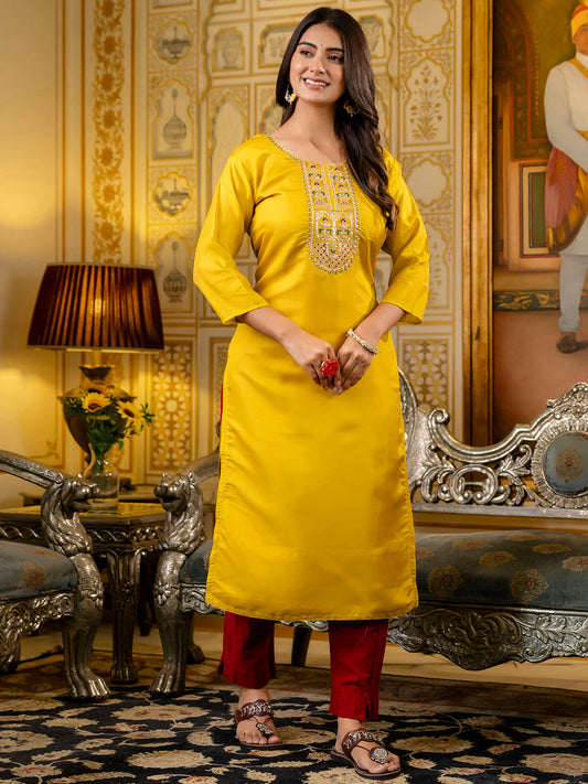 Readymade Shimmer Silk Embroidered Kurti in Yellow