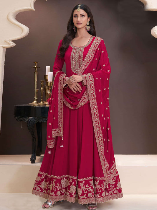 Red Chinon Embroidered Anarkali Suit