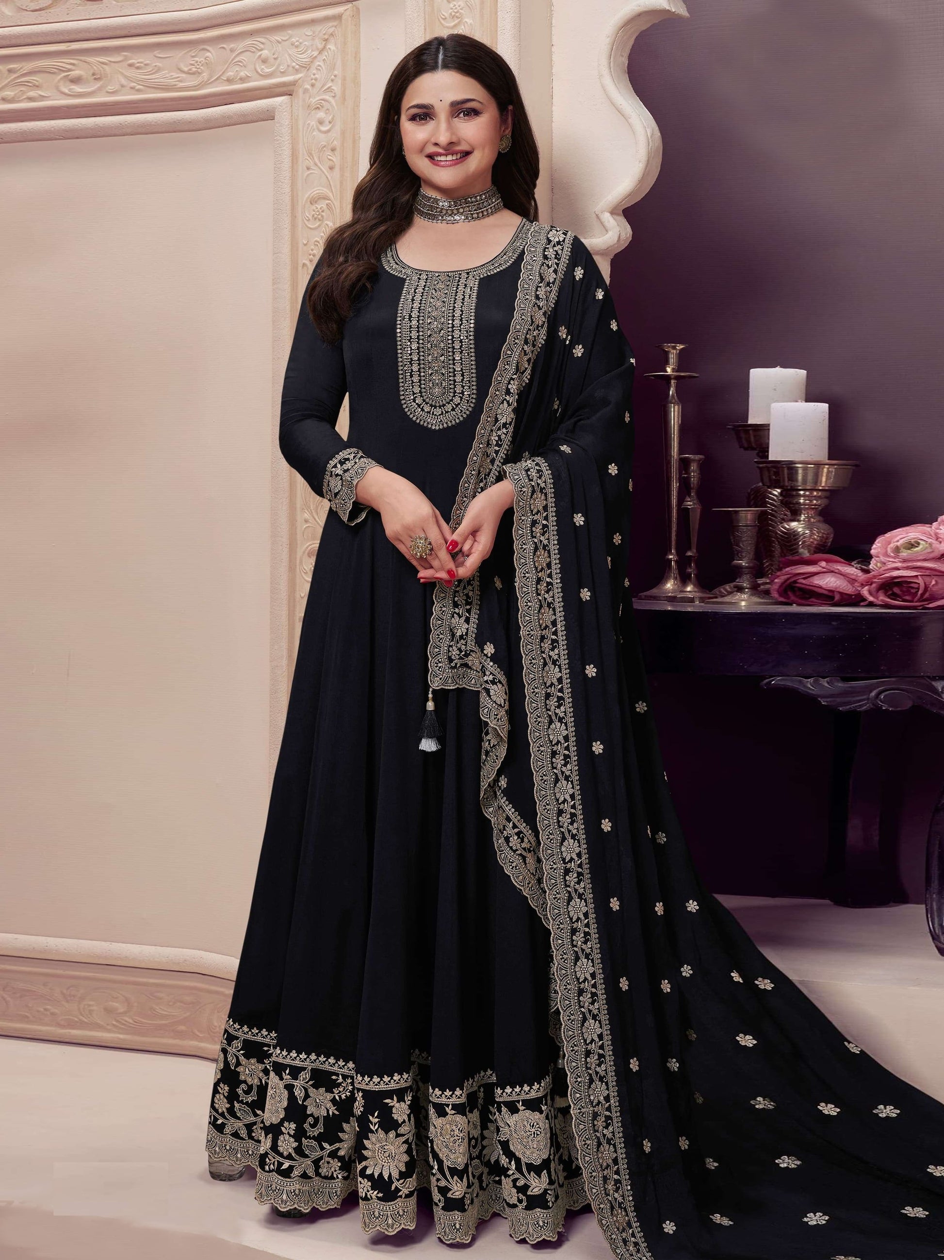 Black Chinon Embroidered Anarkali Suit