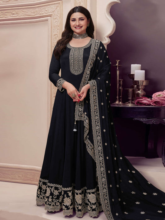 Black Chinon Embroidered Anarkali Suit