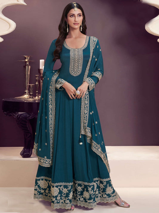 Acqua Blue Chinon Embroidered Anarkali Suit