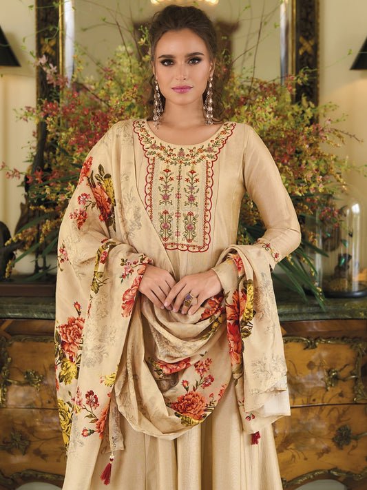 Cream Printed Art Silk Embroidered Salwar Kameez