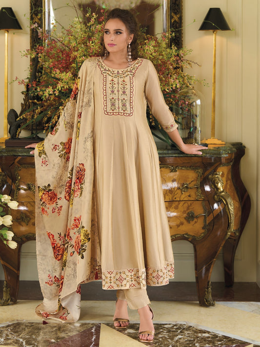 Cream Printed Art Silk Embroidered Palazzo Suit