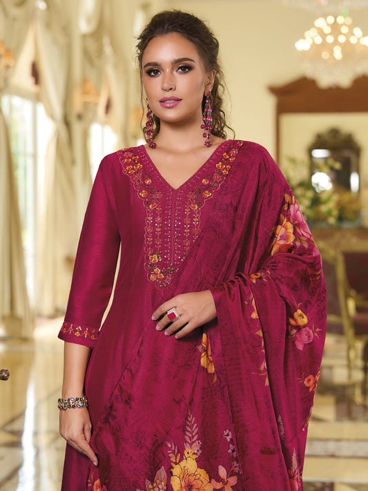 Pink Printed Art Silk Embroidered Salwar Kameez