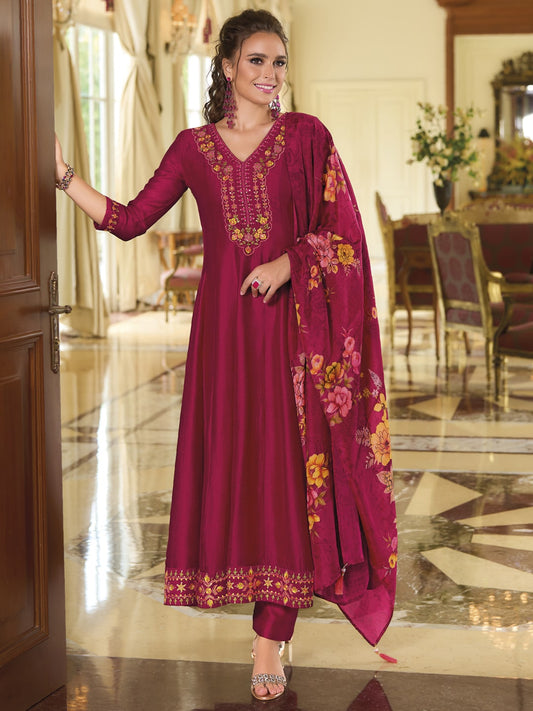 Pink Printed Art Silk Embroidered Palazzo Suit