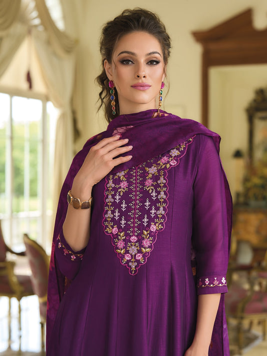 Purple Printed Art Silk Embroidered Salwar Kameez