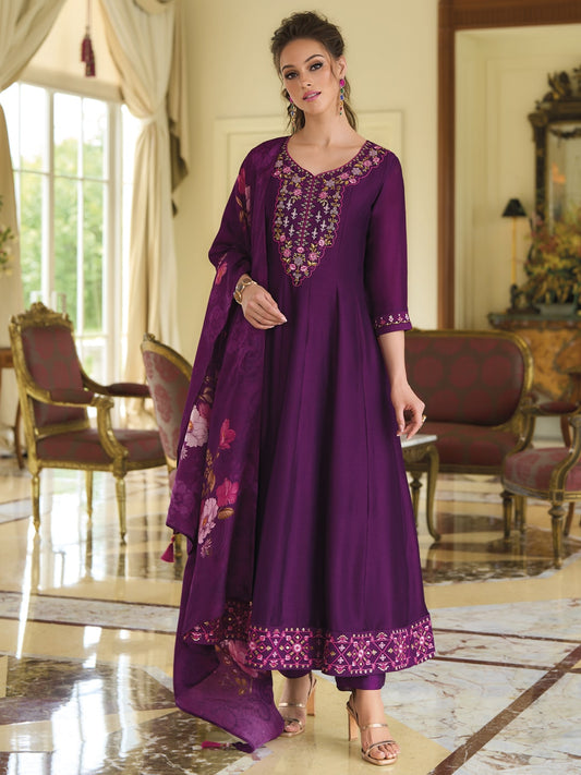 Purple Printed Art Silk Embroidered Palazzo Suit