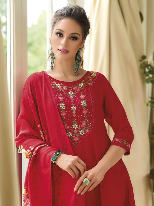 Red Printed Art Silk Embroidered Salwar Kameez