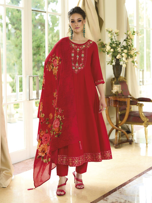 Red Printed Art Silk Embroidered Palazzo Suit