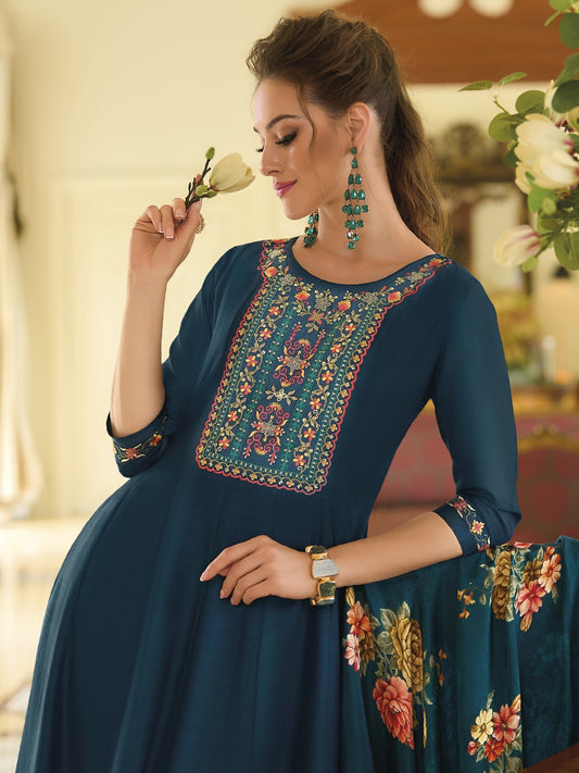 Teal Blue Printed Art Silk Embroidered Salwar Kameez