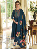 Teal Blue Printed Art Silk Embroidered Palazzo Suit