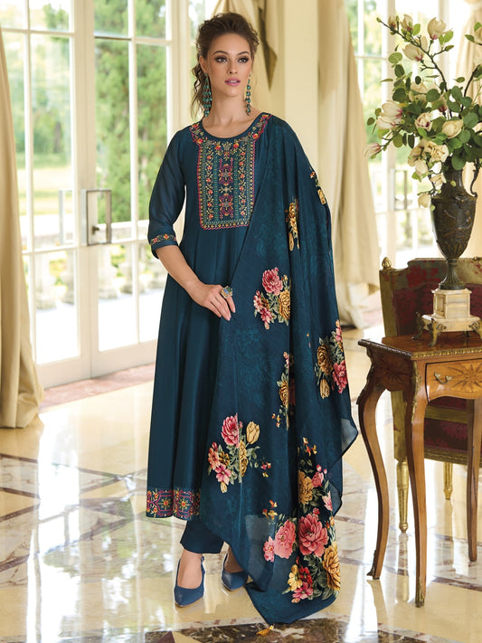 Teal Blue Printed Art Silk Embroidered Palazzo Suit