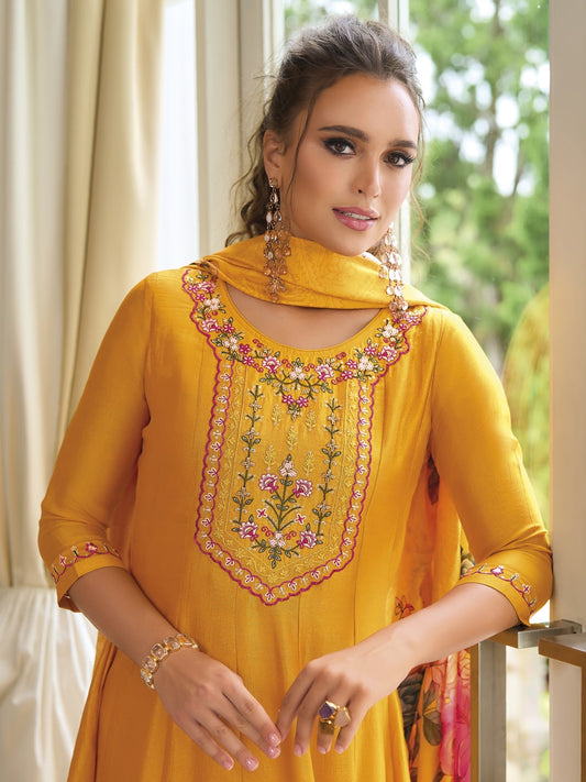 Yellow Printed Art Silk Embroidered Salwar Kameez