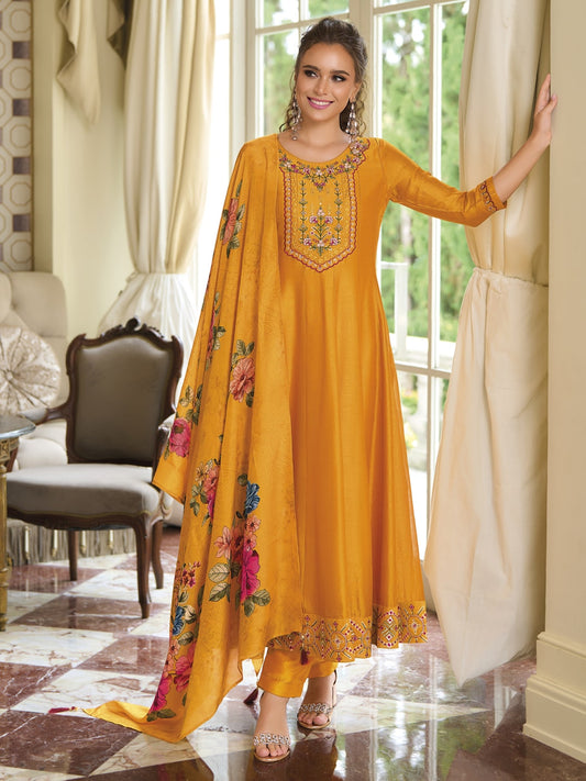 Yellow Printed Art Silk Embroidered Palazzo Suit