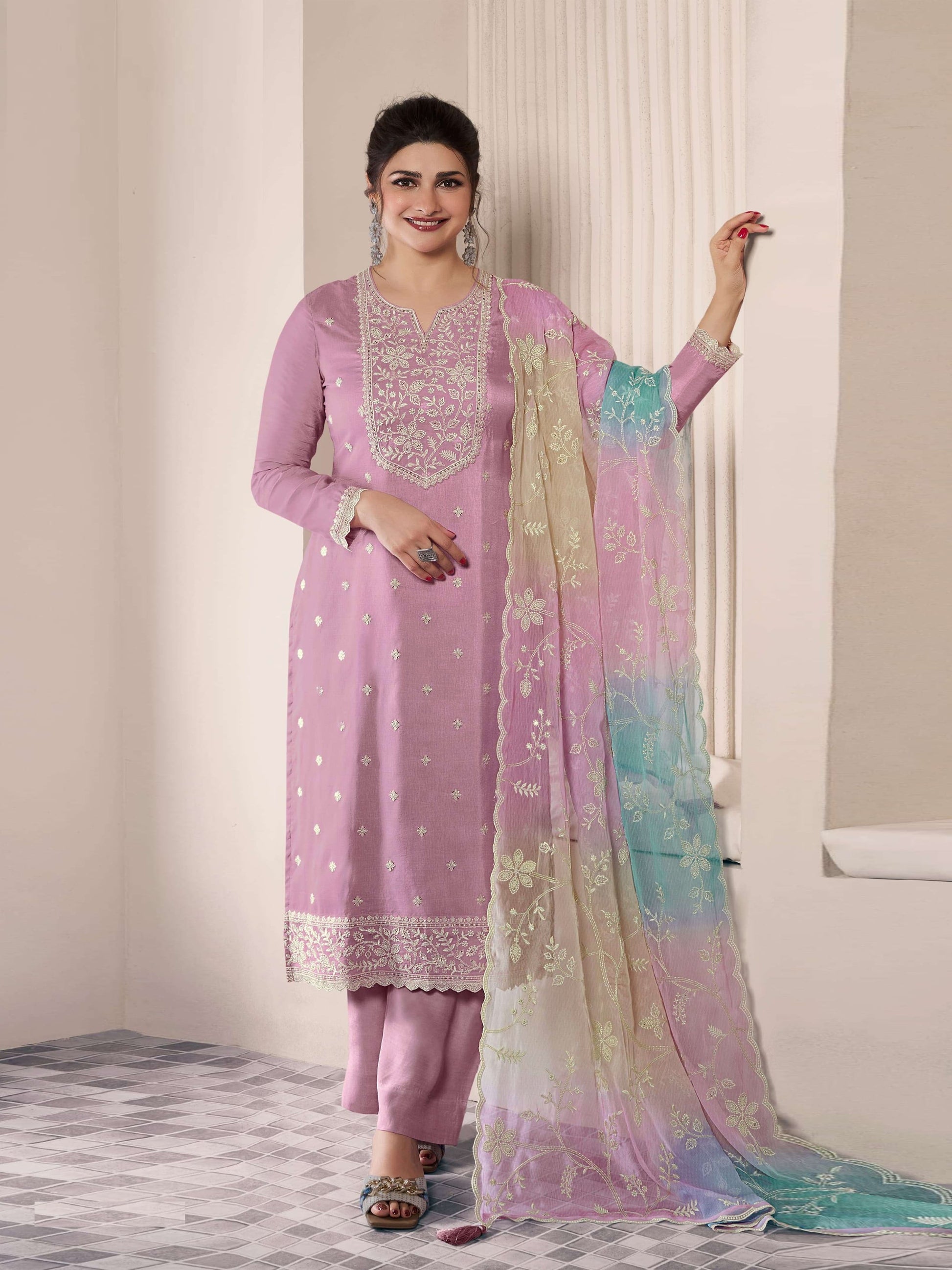 Pink Embroidered Art Silk Palazzo Suit