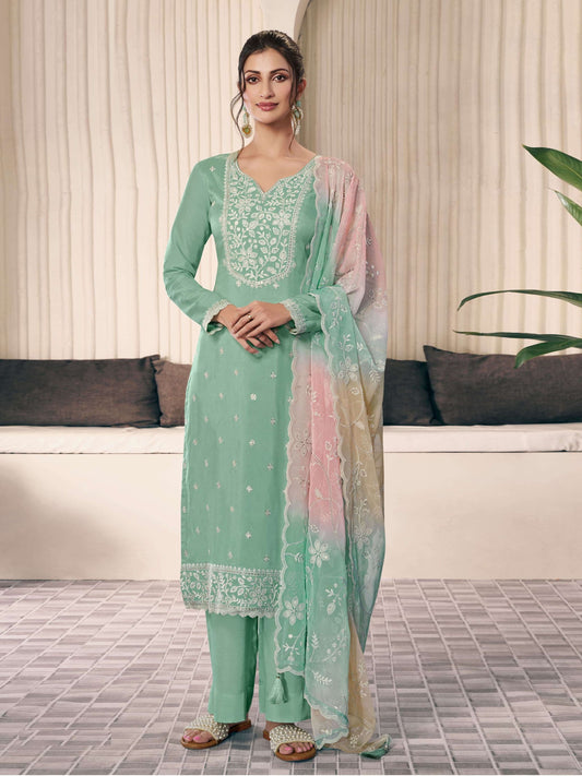 Green Embroidered Art Silk Palazzo Suit