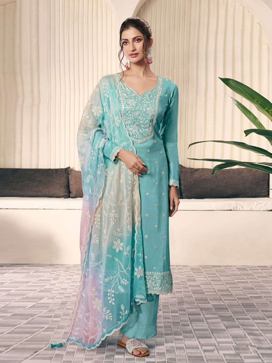 Sky Blue Embroidered Art Silk Palazzo Suit