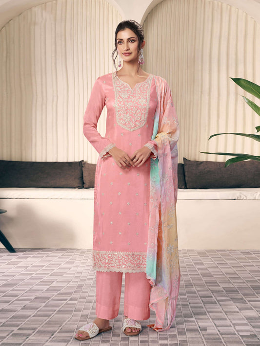 Embroidered Art Silk Palazzo Suit in Pink