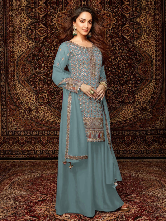 Sky Blue Chinon Embroidered Palazzo Suit